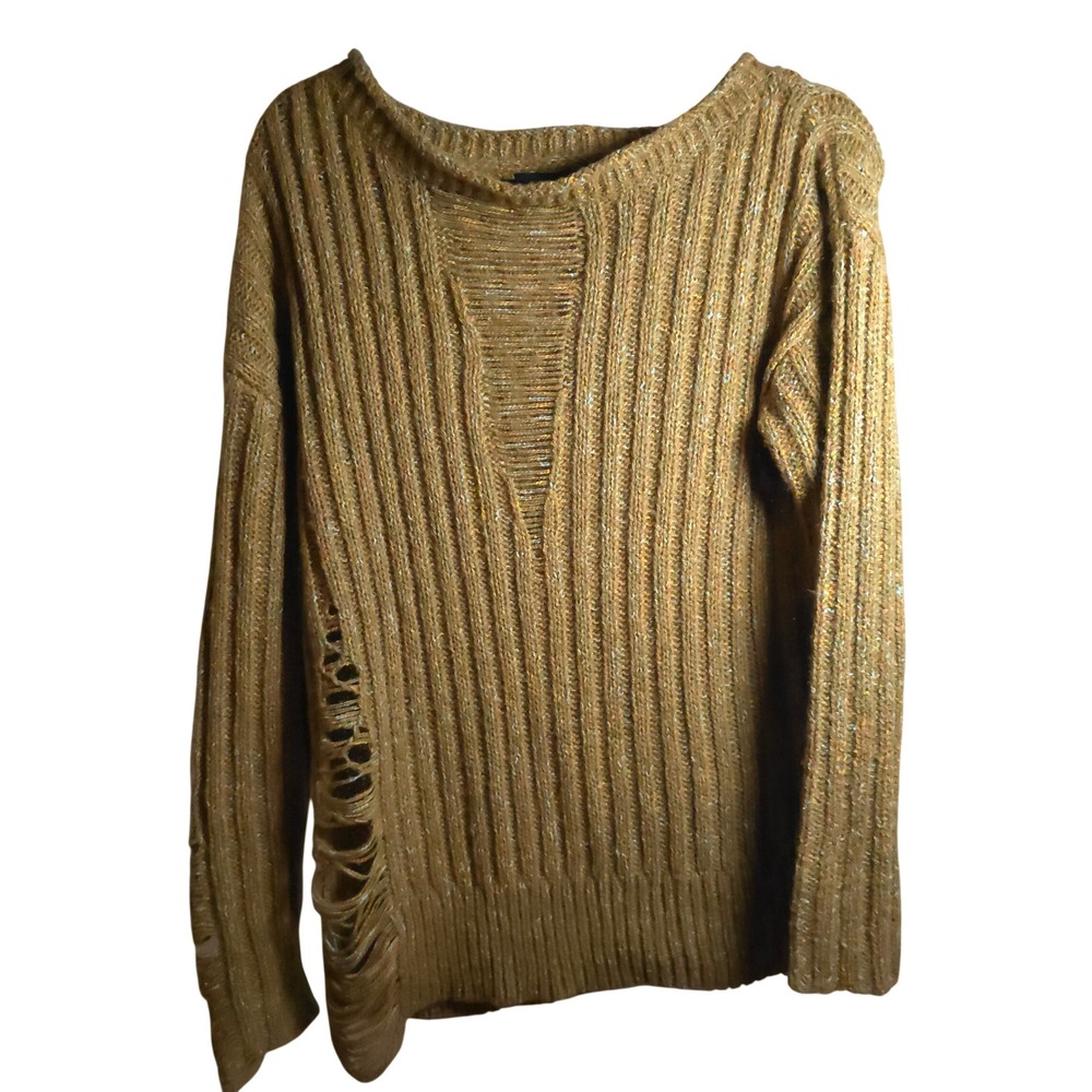 KUT from the Kloth Distressed Ribbed Knit Sweater Womens Medium Gold Brown